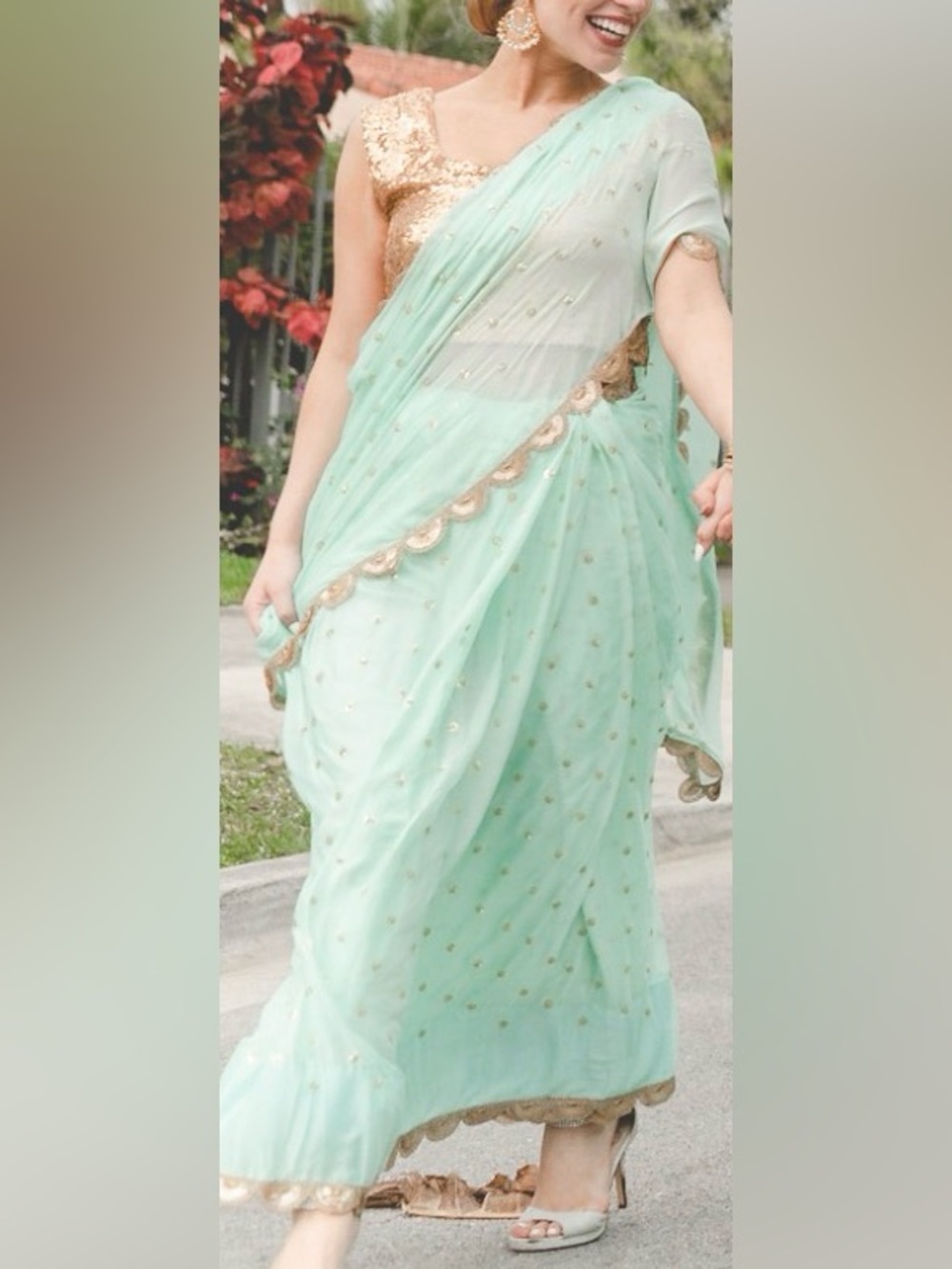 Light Mint Saree With Gold Top
